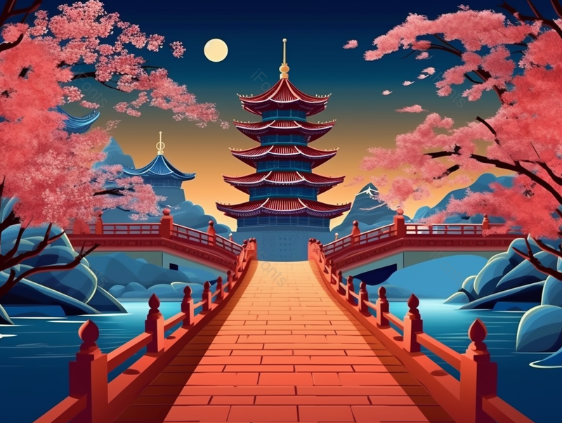 国风夜晚的西湖景色柳树粉色的桃花梅花盛开古桥古风建筑远处山峰太阳背景插画,插画/手绘图,插画/手绘图库,插画/手绘图下载,插画/手绘